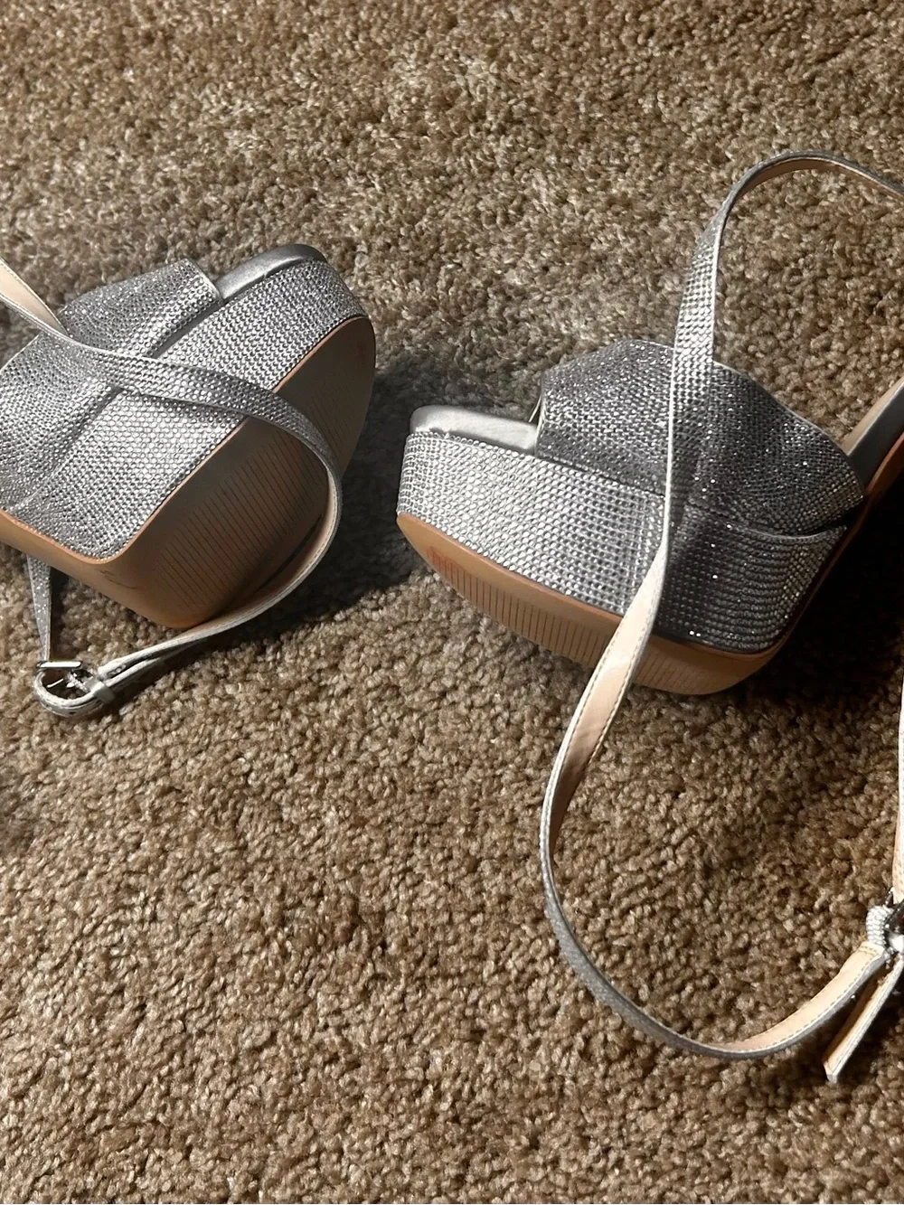 Jenifer Lopez Silver Glitter Platform Peep-Toe Ankle Strap Sandals 10M free gift